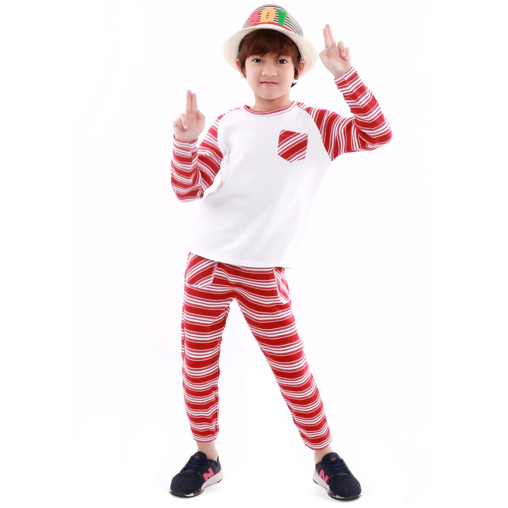 Bộ quần áo bé trai Narsis KE9039 len đỏ kẻ trắng