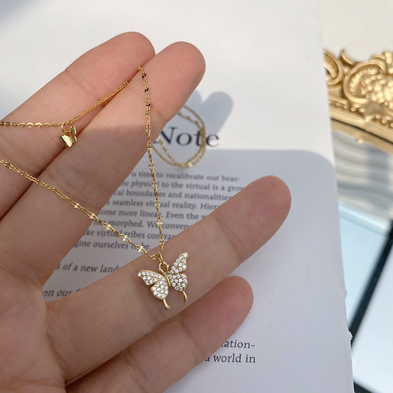 Flash Diamond Butterfly Double Necklace, For Women Simple Design Crystal Elegant Wedding Jewelry Gifts Necklaces