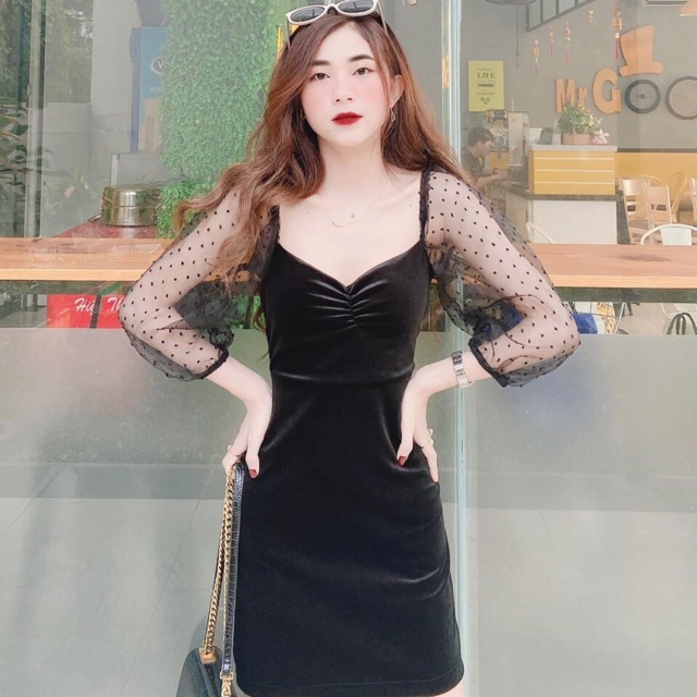 Váy nhung tay phối lưới bi (có đệm ngực)