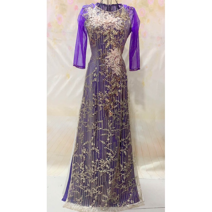 ÁO DÀI CHO MẸ 4 TÀ MÀU TÍM KIM TUYẾN  ẢNH THẬT