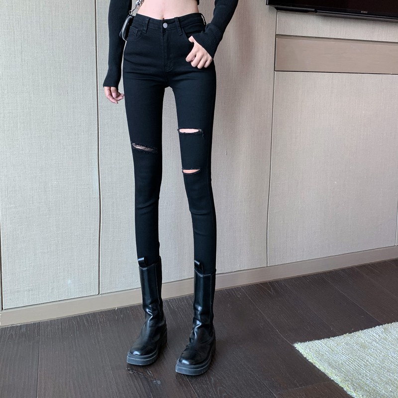 QUẦN SKINNY JEAN NỮ GIÃN DÀI LƯNG CAO RÁCH SỌC ĐÙI PHẢI 2 SỌC ĐÙI TRÁI MÀU ĐEN CAO CẤP NITI2 ĐỦ SIZE CHẤT BÒ GIÃN HOT