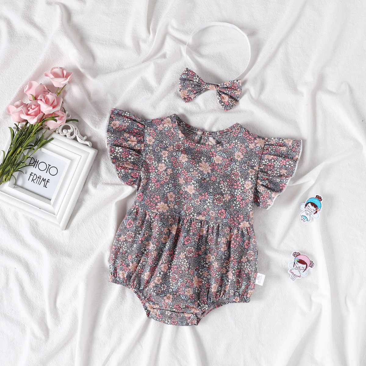 Bộ áo liền quần vải cotton in hoa màu tím + băng đô đáng yêu cho bé gái