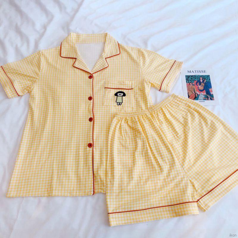 Bộ đồ ngủ ngắn tay họa tiết sọc caro xinh xắn cho nữ