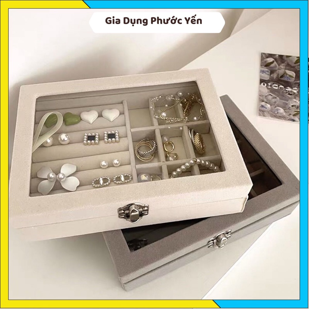 Hộp đựng đồ trang sức có kính nhựa Mika  bọc nhung 1 tầng chia ngăn nhỏ gọn tiện ích,trẻ trung phù hợp mọi lứa tuổi