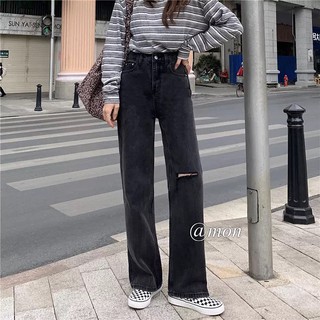 2101442 Quần jeans ống rộng nữ dáng suông ulzzang basic rách 1 bên màu xám có size
