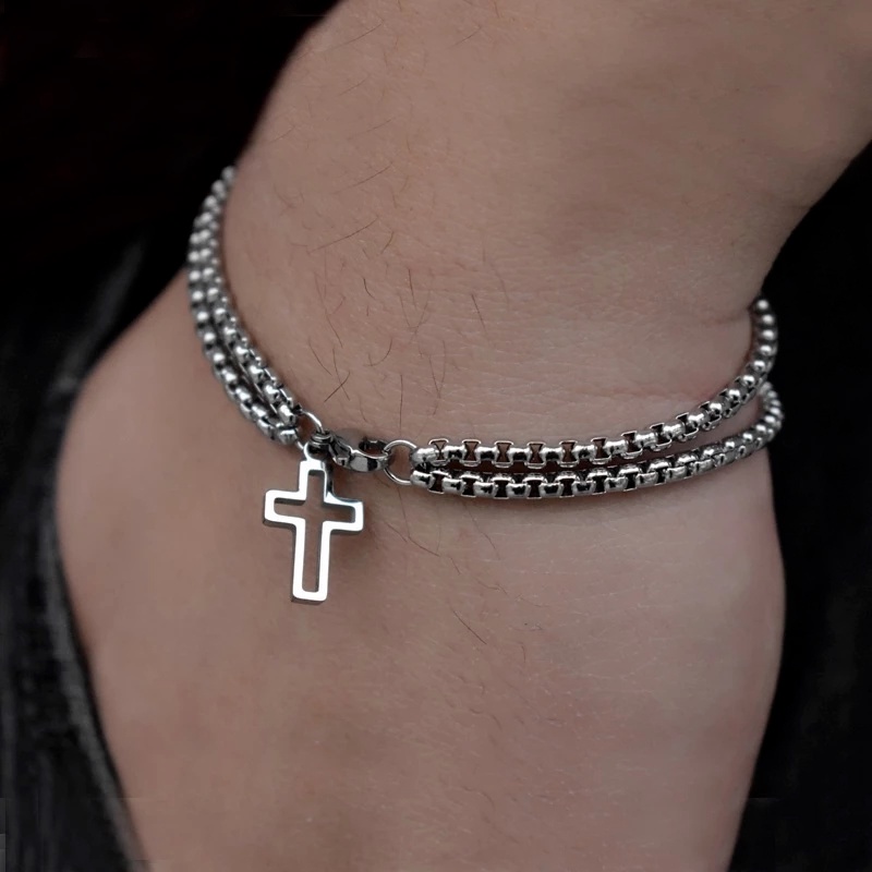 Vòng Tay Dây Xích Đôi Có Khóa Gài Mặt Chữ Thập Rỗng Phong Cách Hip Hop Cho Nam