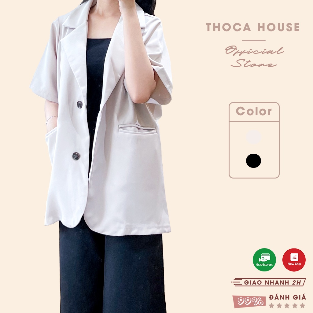 Áo blazer khoác vest tay ngắn túi nấp trơn kem, đen THOCA HOUSE may thiết kế, chuẩn form phù hợp mọi lứa tuổi