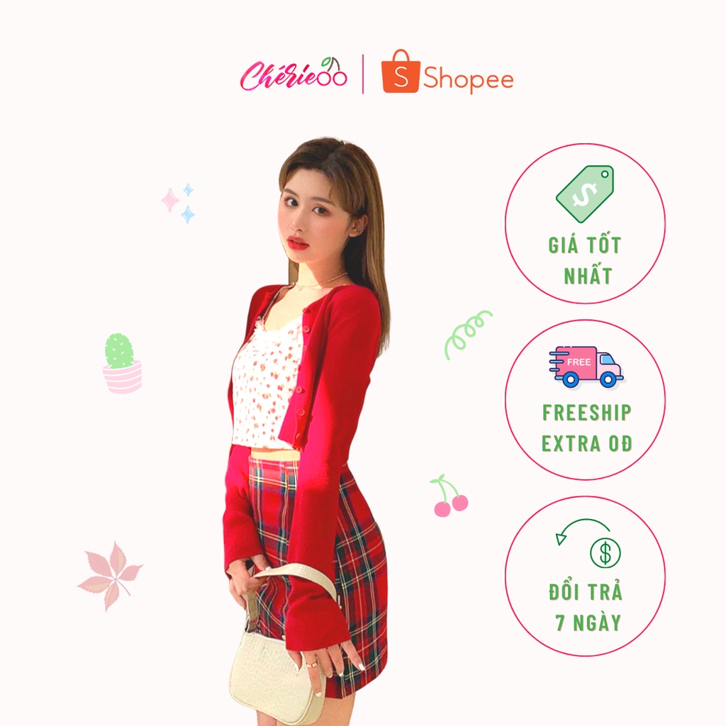 CHÉRIE ROOM Girly Set 3 món áo hoa nhí + chân váy đỏ caro xẻ + khoác cardigan tay dài Ulzzang 2021