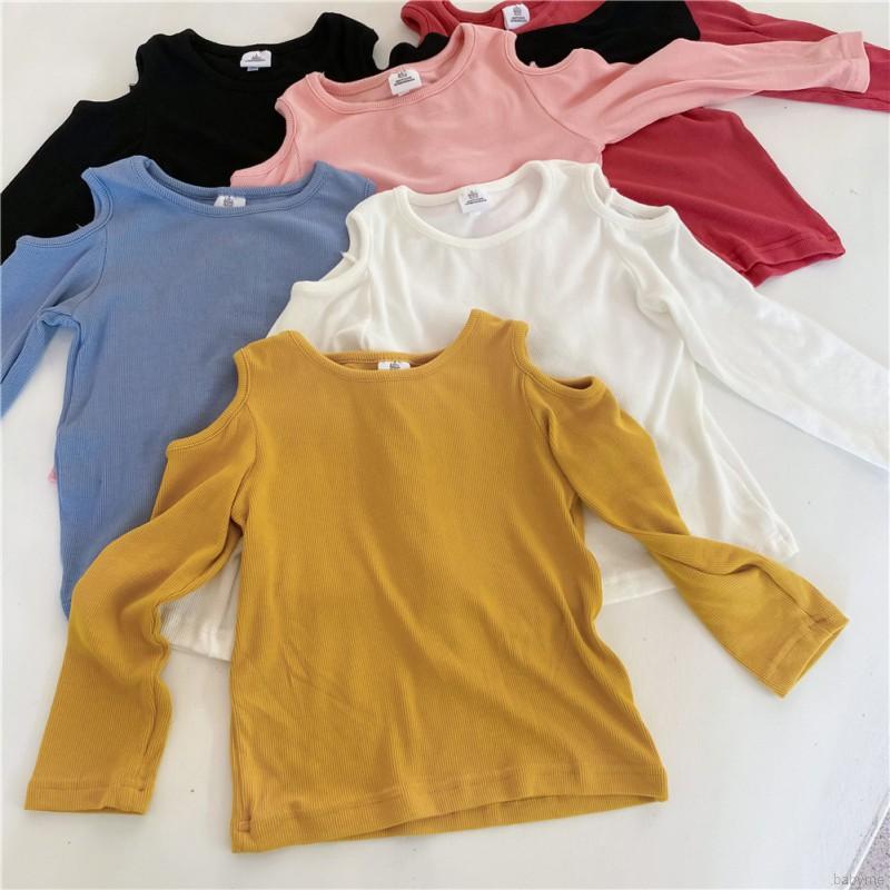 Girl Shirt  Autumn Cotton Long Sleeve Blouse Fall Off-the-shoulder Candy-colored Stretch T-shirt Topper Tops