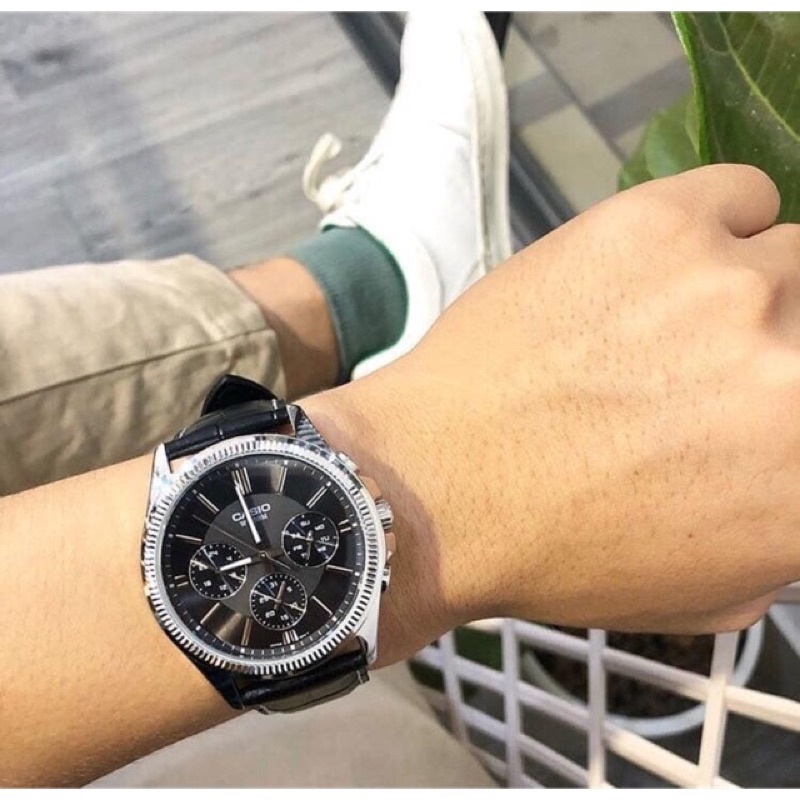 Đồng hồ Nam Casio MTP-1375L-1A, đồng hồ chính hãng, dây da đen mặt đen