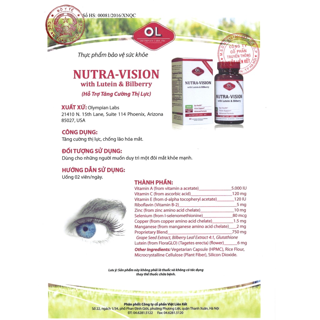 Viên uống bổ mắt Olympian Labs Nutra Vision lọ 30 viên - NT114
