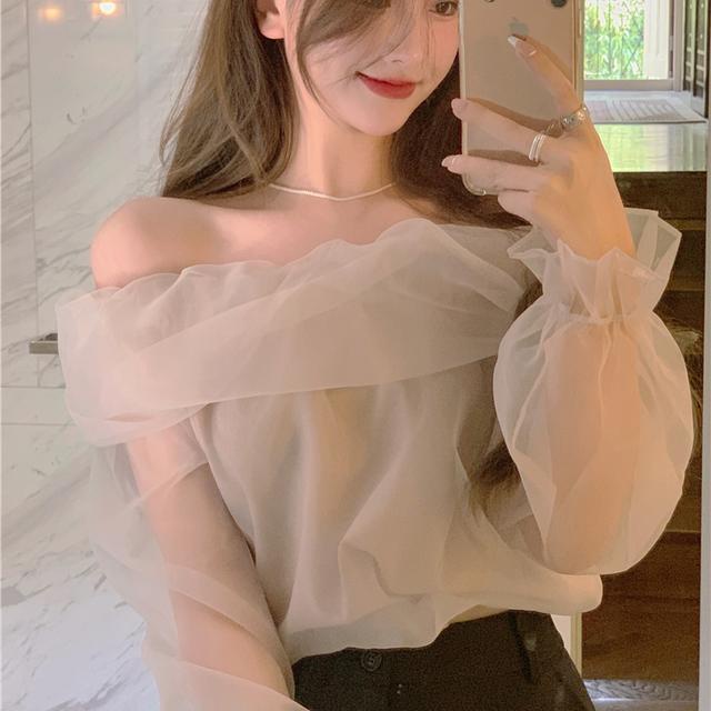 Áo Kiểu Tay Dài Trễ Vai Phối Lưới Kiểu Dáng Ngọt Ngào Nữ Tính