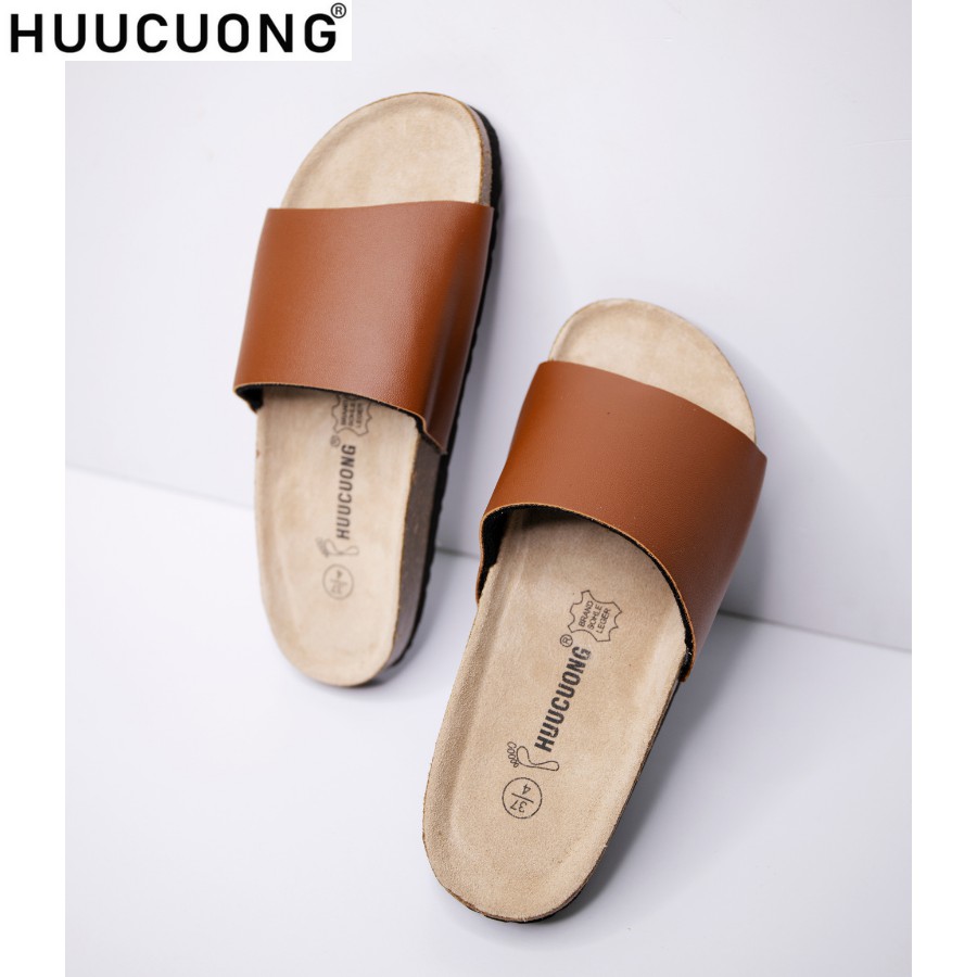 Dép unisex HUUCUONG 1 quai pu nâu đế trấu