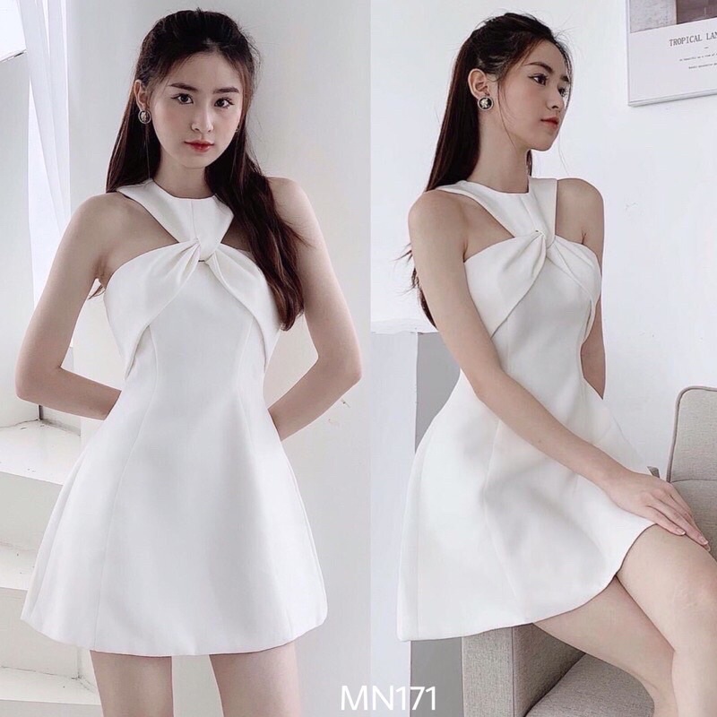 [Ảnh thật/Video]Váy nữ cổ yếm xoắn ngực dáng chữ A tiểu thư bánh bèo thời trang nữ Summer Đầm hở vai ngọt ngào