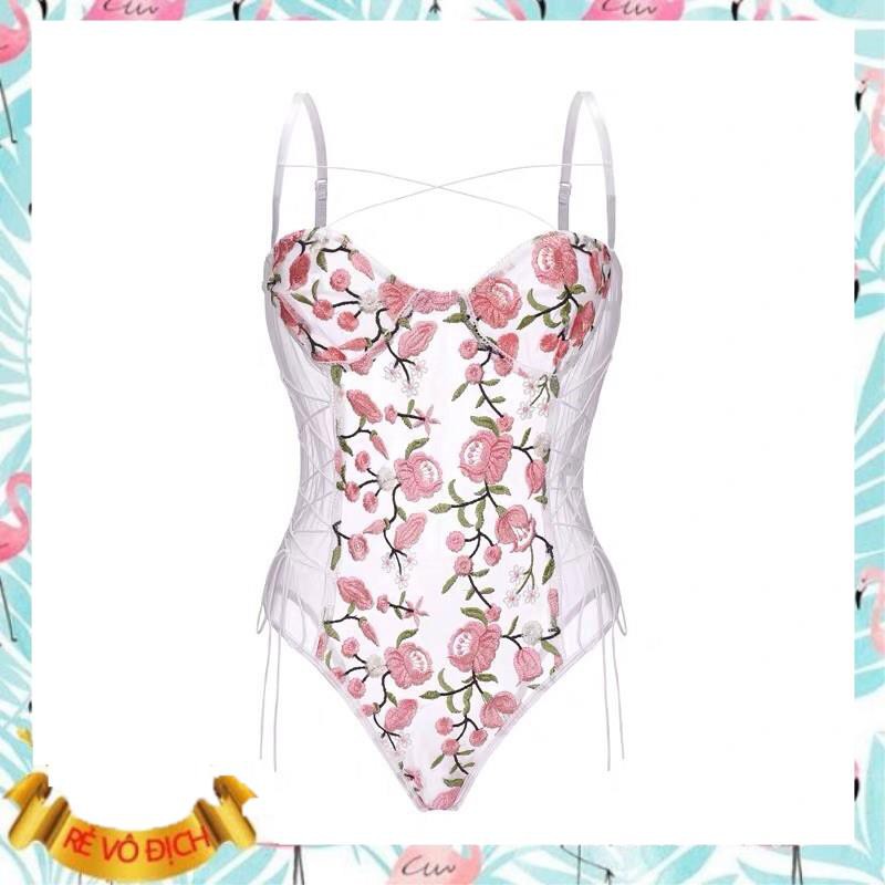 SIÊU RẺ Bikini nữ 1 một mảng liền thân dây rút thêu hoa hồng nữ
