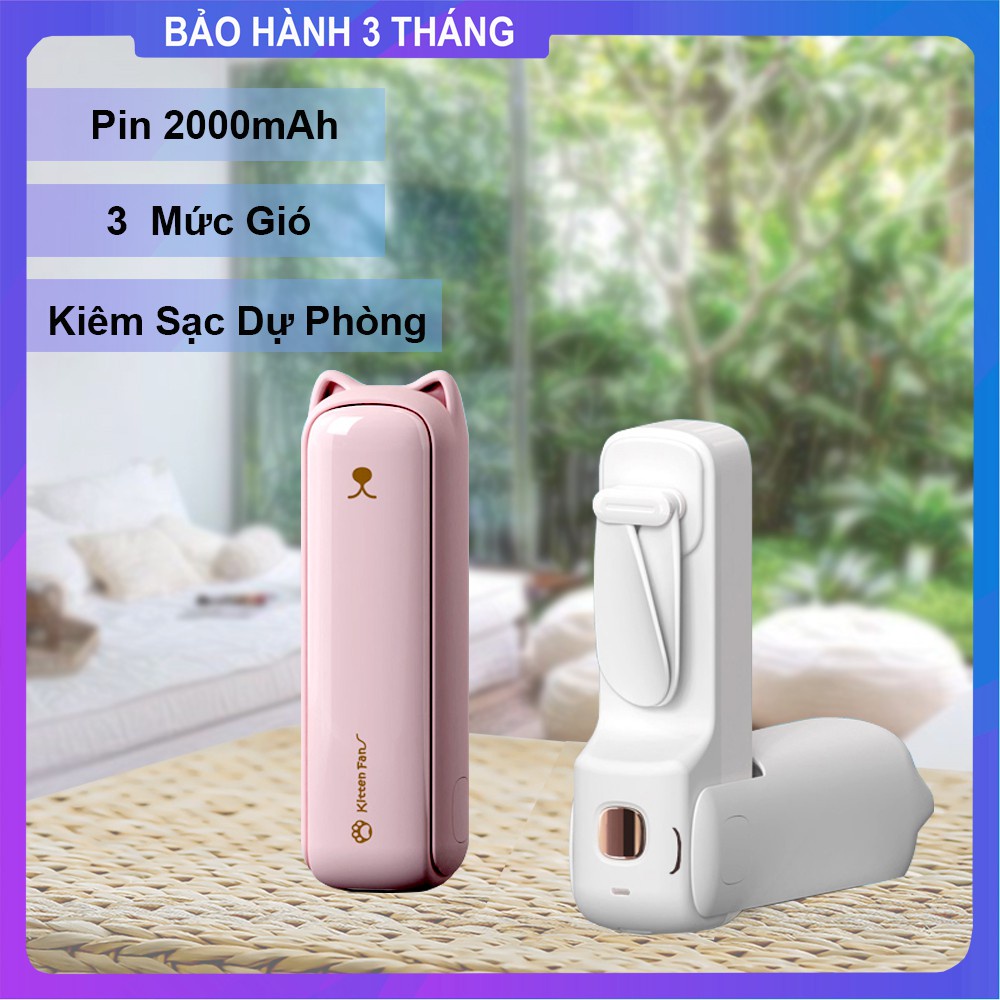 ♞►Quạt Mini Cầm Tay Kitten Fan pin 2000mAh | Kiêm Sạc Dự Phòng , Đèn LED