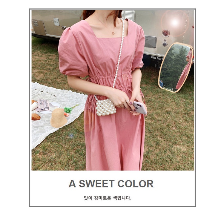 Đầm chữ A tay phồng cổ vuông thắt dây eo plus size phong cách retro Pháp