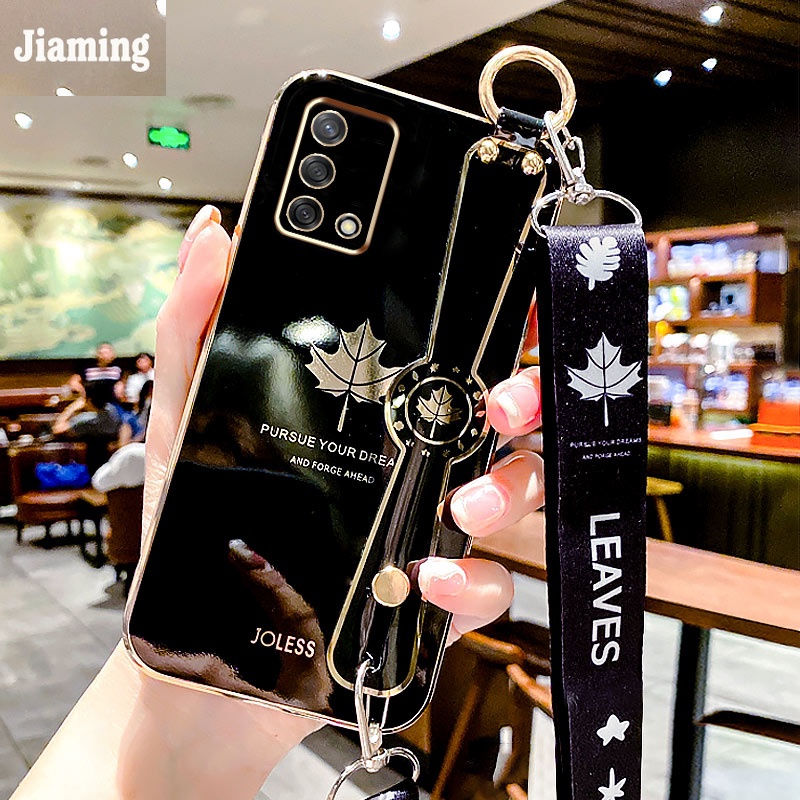 Ốp Điện Thoại Viền Lá Phong Mạ Điện Sang Trọng + Dây Đeo Cổ Tay Cho OPPO A74 4G