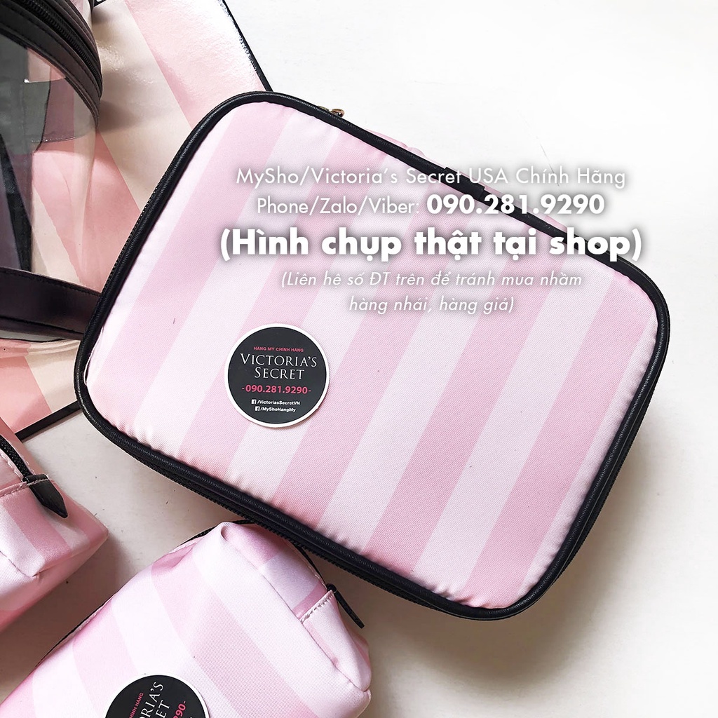 Bộ 4 túi trang điểm hồng phối sọc cá tính  - Hàng nhập Victoria's Secret USA