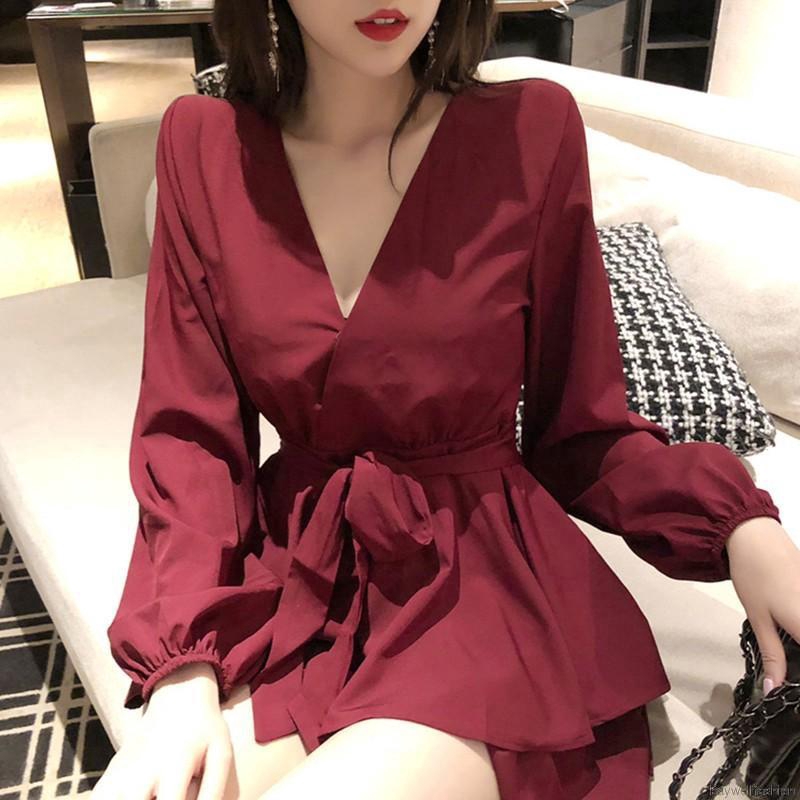 Jumpsuit tay dài màu trơn xinh xắn thời trang cho nữ