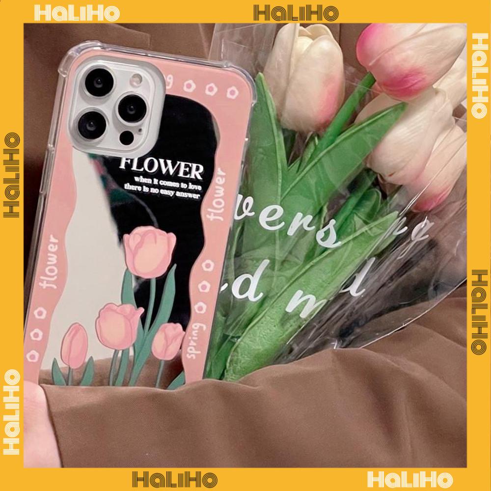 iPhone Case Acrylic HD Mirror Laser Airbag Shockproof Protection Camera Cute Pink Tulip Flower Compatible For iPhone 11 iPhone 13 Pro Max iPhone 12 Pro Max iPhone 7 Plus iPhone xr