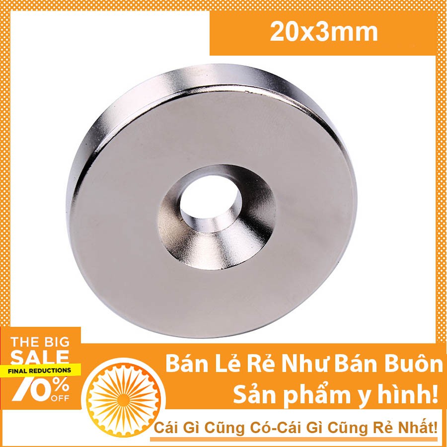 Nam châm 20x3mm lỗ 4mm viên hình tròn đất hiếm siêu mạnh