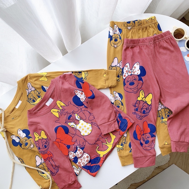 Set 2 bộ cotton dài tay Minnie daisy hồng nâu cho bé gái size từ 10-24 cân