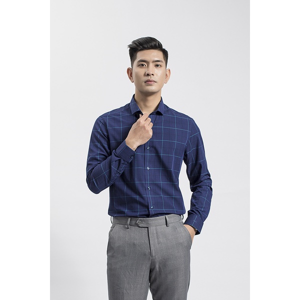 Áo sơ mi dài tay nam KWIN KLS01708 dáng slimfit, chất liệu bamboo sợi tre pha, tím than kẻ caro to