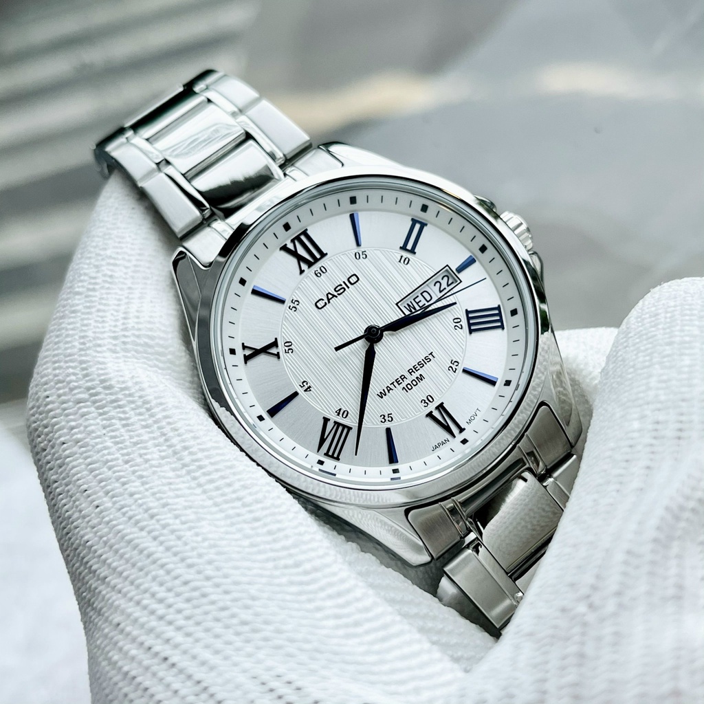 Đồng hồ Nam Casio MTP-1384D-7AV, đồng hồ chính hãng, dây bạc mặt trắng