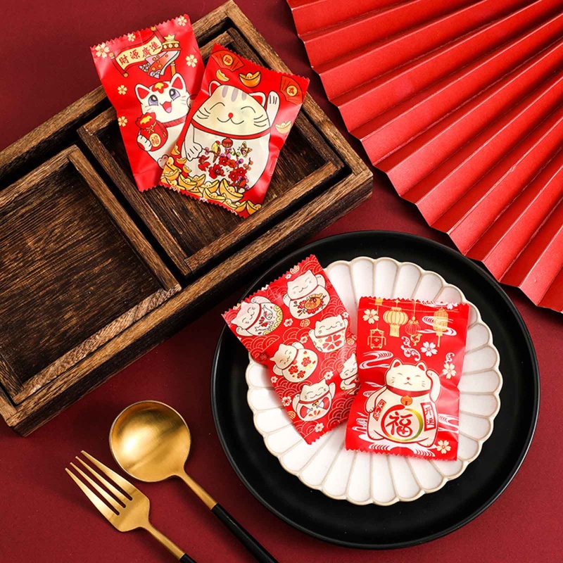 100 Túi đựng bánh quy in hình mèo may mắn phong cách Trung Hoa