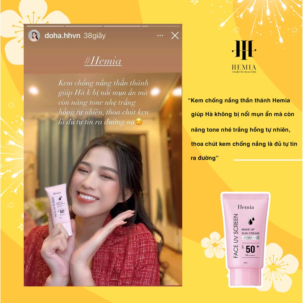 Combo Kem chống nắng Hemia 50ml dưỡng trắng nâng tone và Sữa rửa mặt bạc hà Mint Cleanser Hemia 130ml dưỡng ẩm, sạch sâu