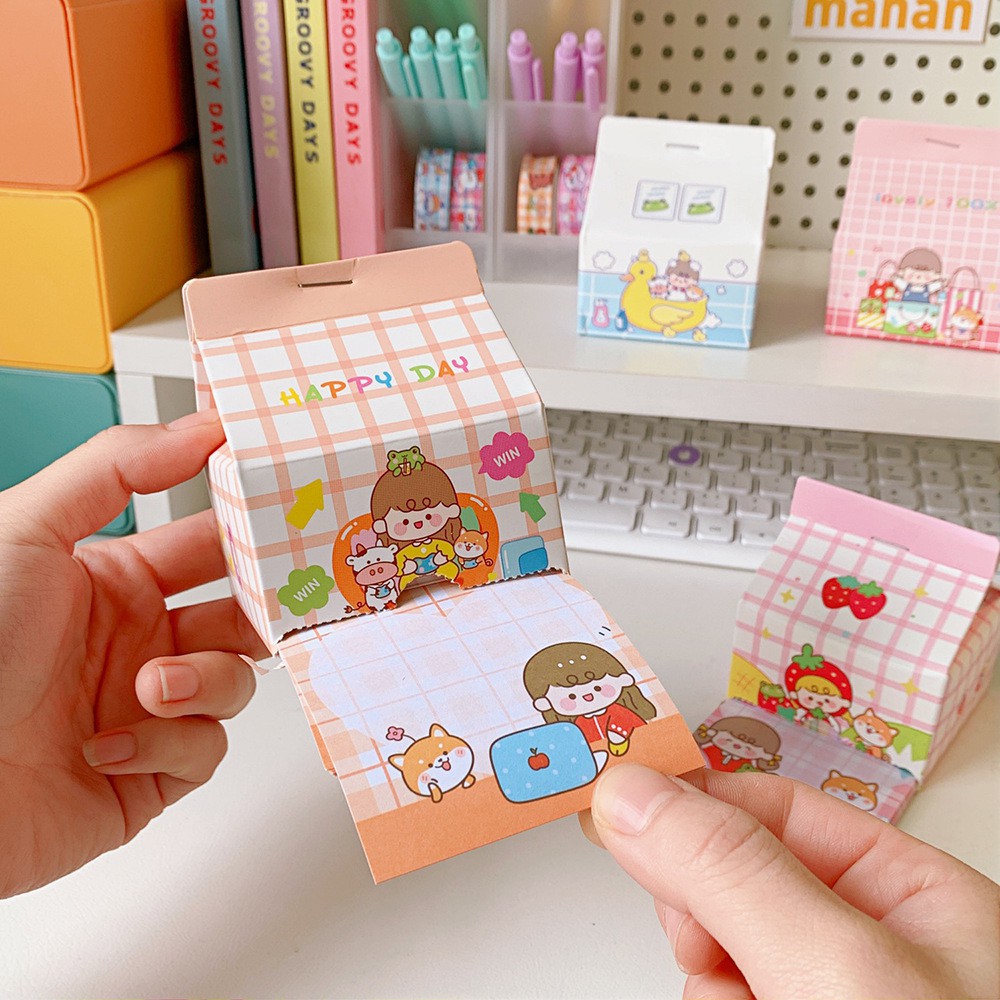 Giấy Note Pad Rút Hộp Sữa Milk Box Hoa Văn Caro và Trái Cây