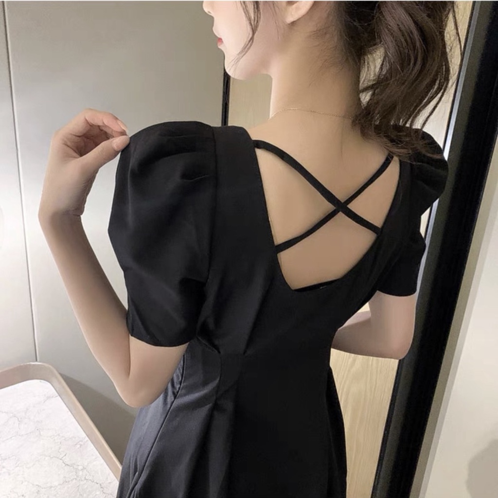 Đầm tay phồng cổ vuông xếp ly eo 2 màu | BigBuy360 - bigbuy360.vn