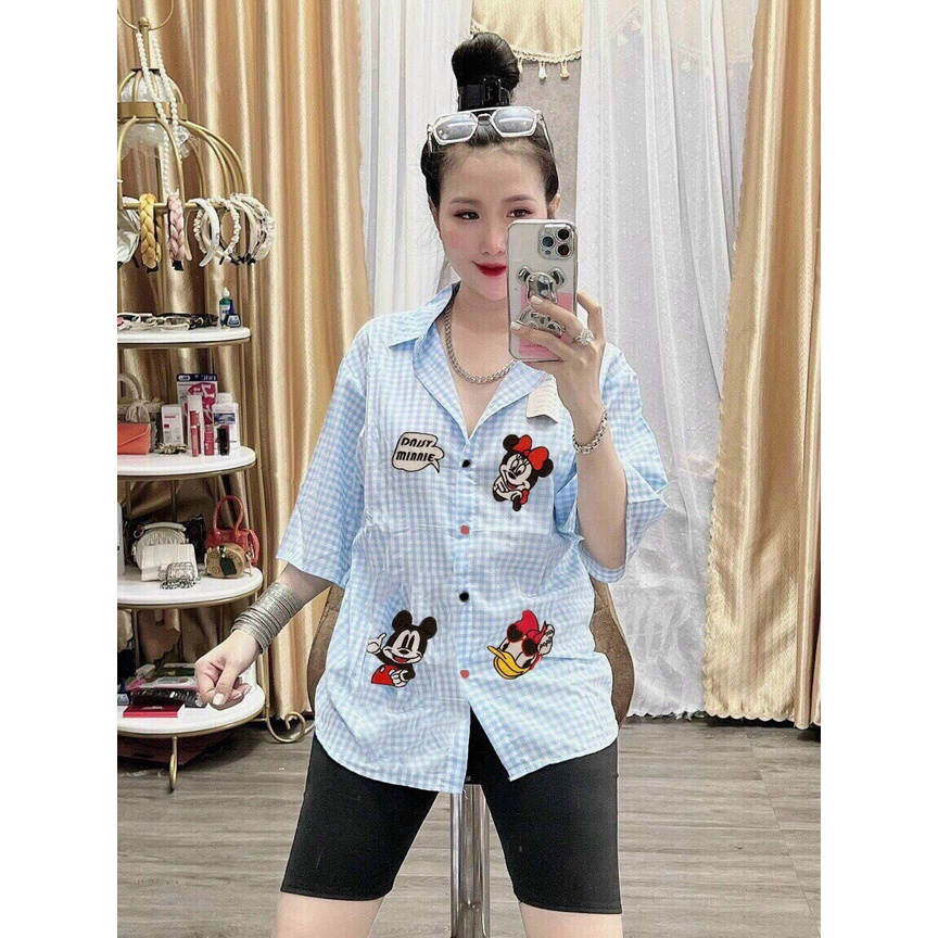 Set Áo Sơ Mi Lụa Caro Gấu Thêu Tay Lửng Mix Quần Ngố Ôm Che Bụng Phô Dáng Đẹp