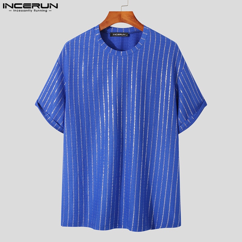INCERUN Áo Thun Dệt Kim Cổ Tròn Dáng Rộng Màu Trơn Họa Tiết Kẻ Sọc Thời Trang Mùa Hè Cho Nam