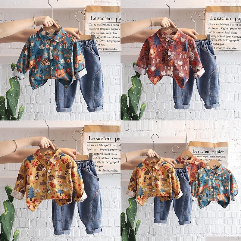 Bộ áo sơ mi tay dài in họa tiết và quần jean thời trang dành cho bé trai