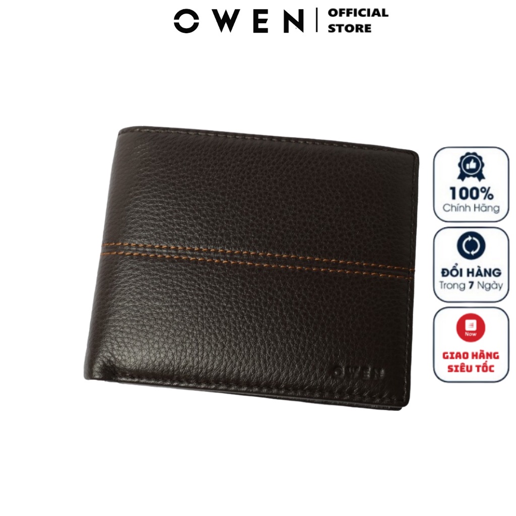 Ví Da Nam Cao Cấp OWEN VID220604 Bóp Màu Nâu Viền Chỉ Ngang 100% Da Bò Thật Kiểu Ví Ngang 2 Ngăn Đựng Tiền 7 Ngăn Thẻ