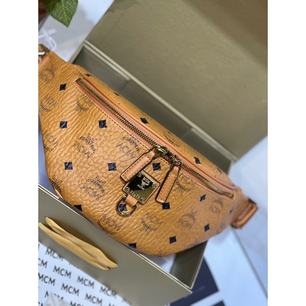 Túi đeo hông/đeo chéo unisex da thật hoạ tiết logo thương hiệu MCM cao cấp