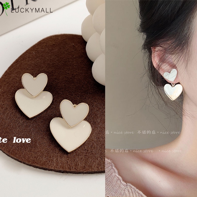 Bông Tai Hai Lớp S925 Hình Trái Tim Đơn Giản Thời Trang Dành Cho Nữ
