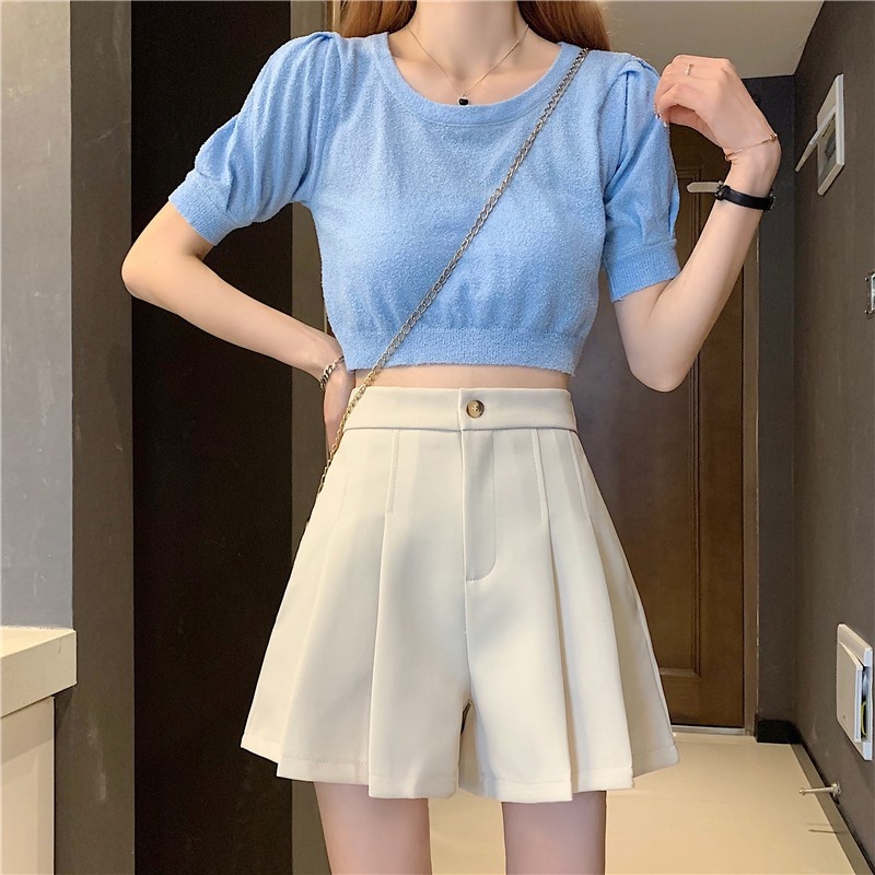 Quần Short Nữ Lưng Cao Xếp Ly Chat Cạp Cao Lưng Thun Vải Tuyết Mưa Q052