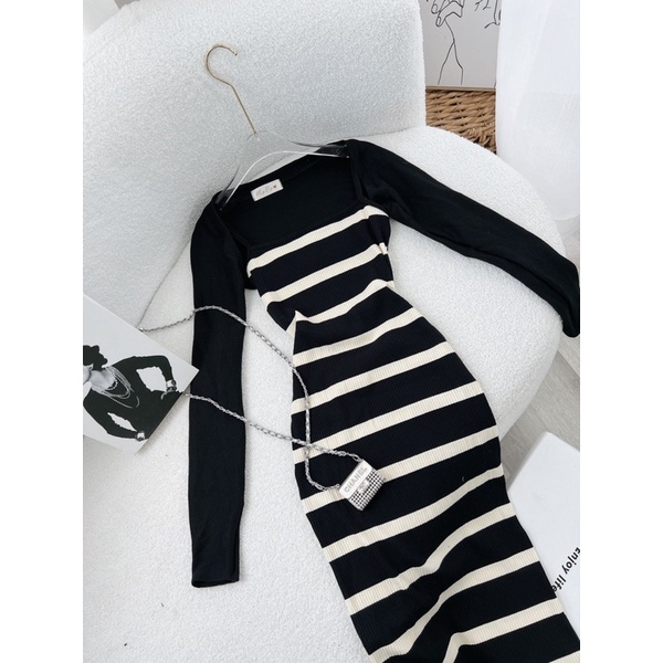 SET ĐẦM BODY SỌC NGANG + ÁO KHOÁC ĐEN TAY DÀI