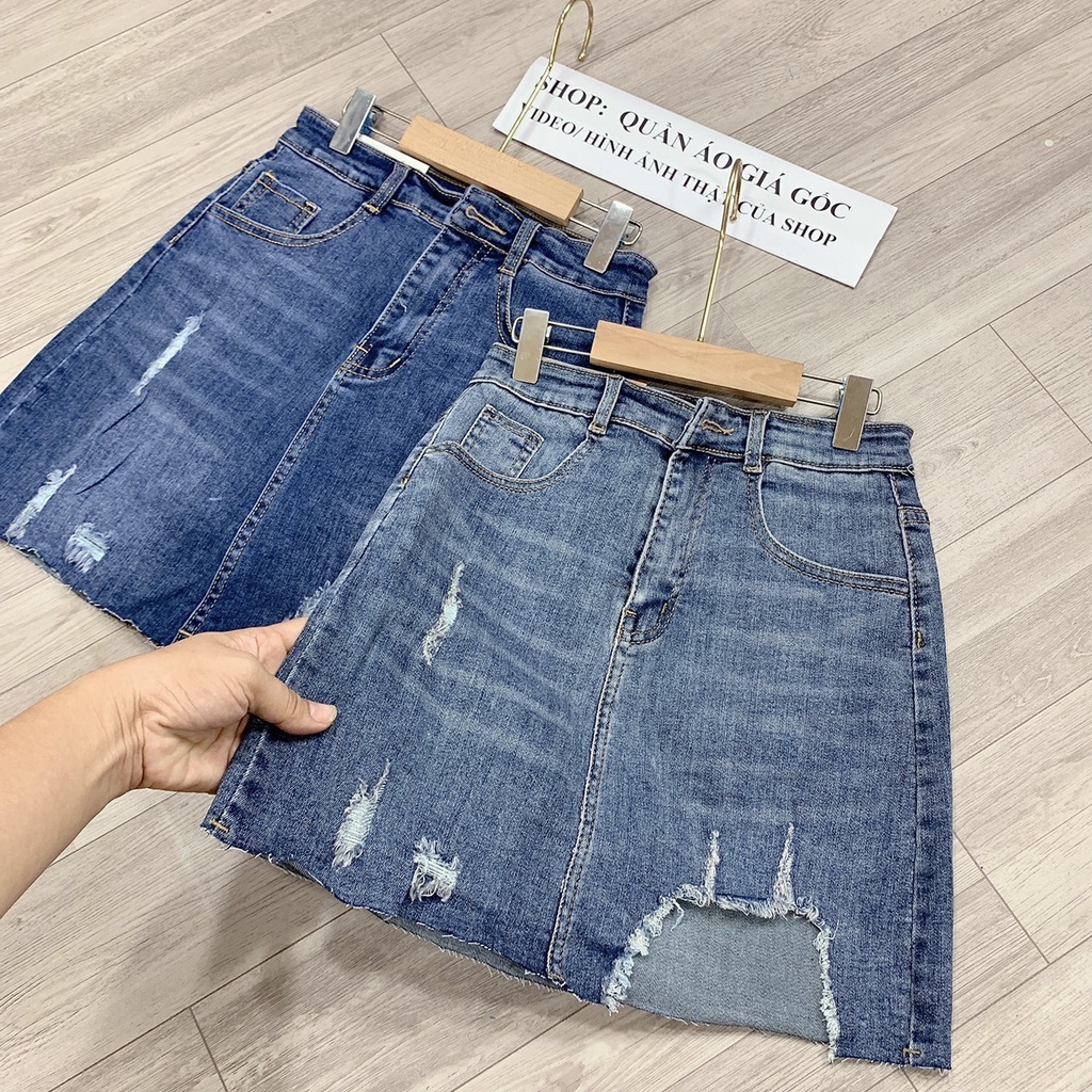 Váy jean nữ rách co giãn chân váy jean rách co giãn lưng siêu cao có lót quần