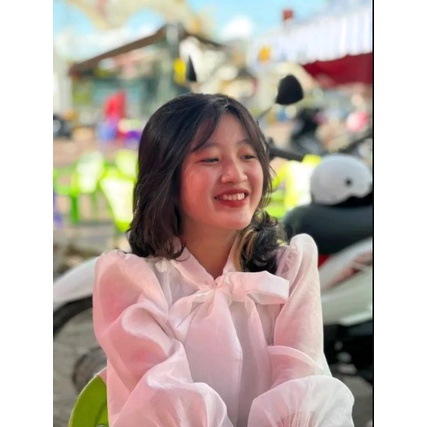 Áo sơ mi trắng kiểu nữ cổ nơ tay phồng đẹp form rộng công sở nữ freesiz xưởng may Hạnh Ngân 1hitshop haiphuongshop HN530