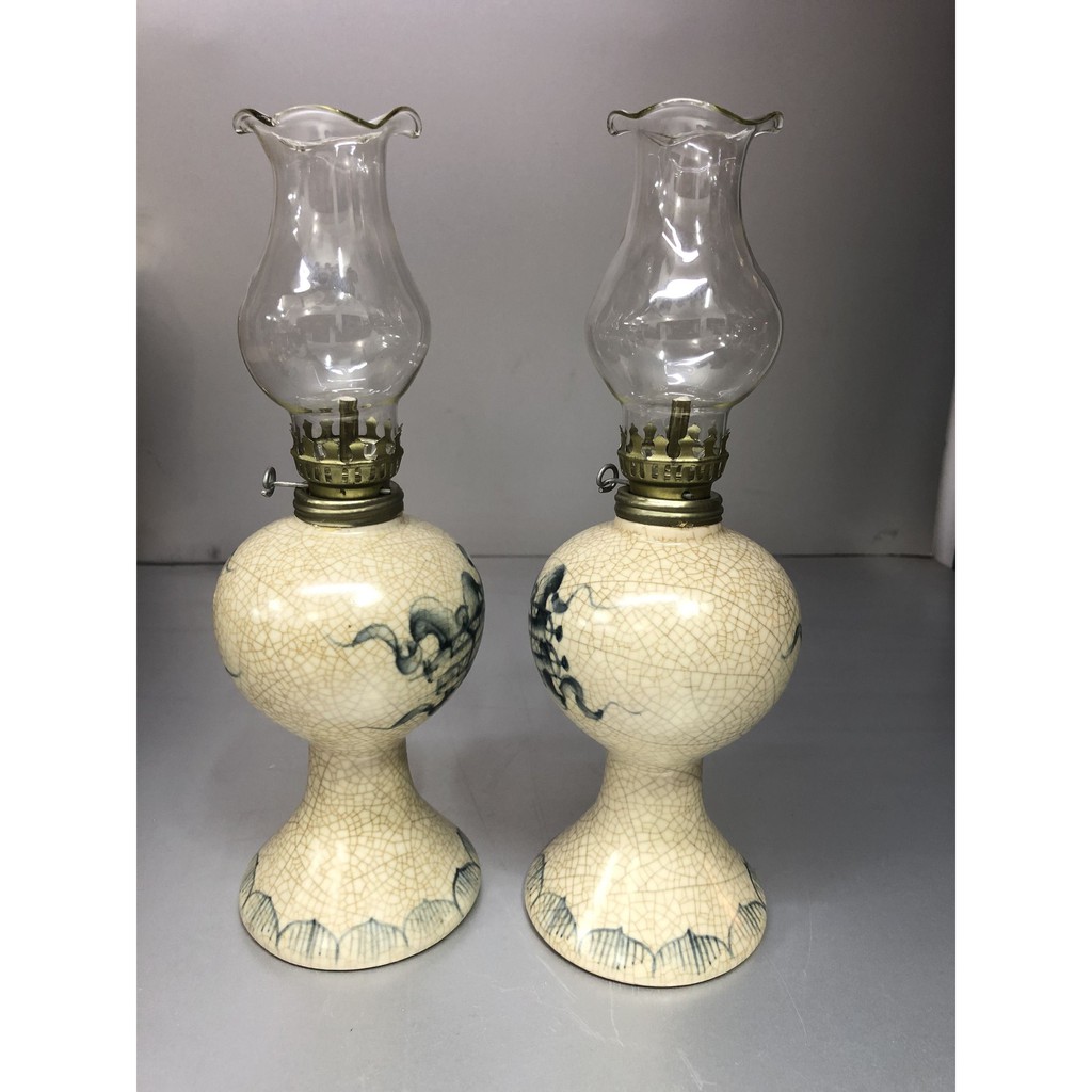 COMBO 2 CHIẾC ĐÈN THỜ ĐỐT DẦU BẰNG SỨ MEN RẠN BÁT TRÀNG VẼ MÂY TM12120