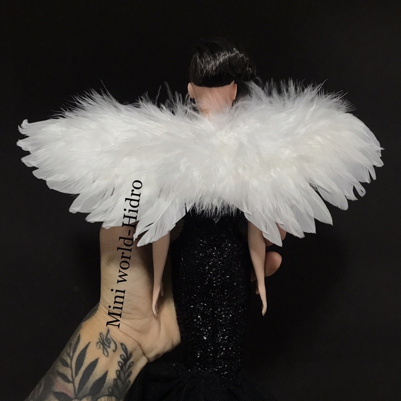 Phụ kiện mô hình cánh thiên thần trắng đen lông vũ búp bê Barbie Baboliy BJD tỉ lệ 1/8, 1/6