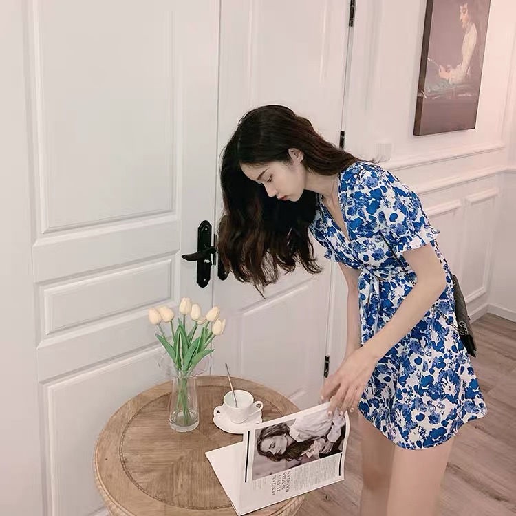 Đầm tay phồng cổ chữ V phối ren in hoa phong cách Hàn Quốc cho nữ