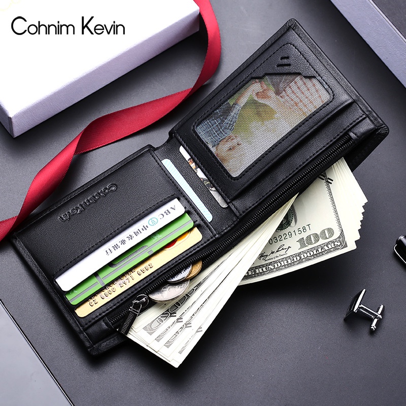 Ví Nam Da Bò Dáng Ngang Nhỏ Gọn Cao Cấp Thương Hiệu Cohnim Kevin Da Bò Lớp Đầu Tiên Mềm Đẹp Bền Dây Kéo An Toàn Full Box