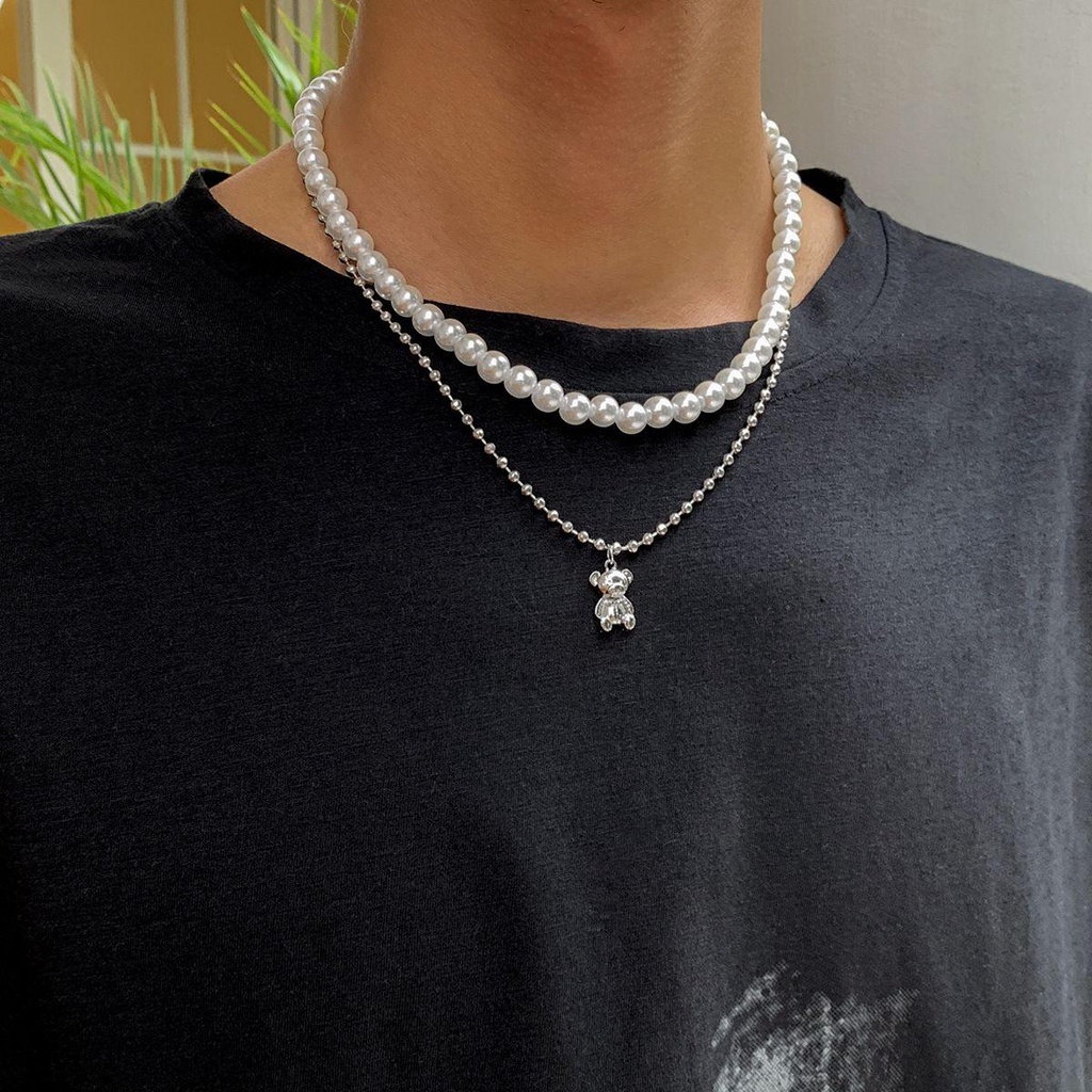 Vòng cổ Mặt Hình Gấu Đính Ngọc Trai Dễ Thương Phong Cách Bohemia