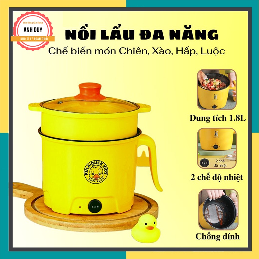 [BẢO HÀNH 12TH] Nồi điện mini VỊT VÀNG 2 tầng đa năng, lưới thép an toàn không gỉ sét CA NẤU MÌ - dung tích 1,8L