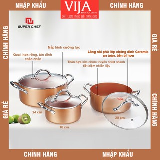 Bộ 3 Nồi Nắp Kính Super Chef 16Cm + 20Cm + 24Cm